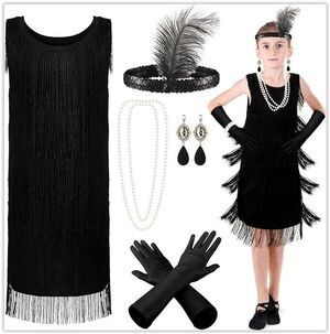 Girls 1920s Flapper Fringed Dress Costume w/Necklace,Earrings, Glove, Headp- NEW